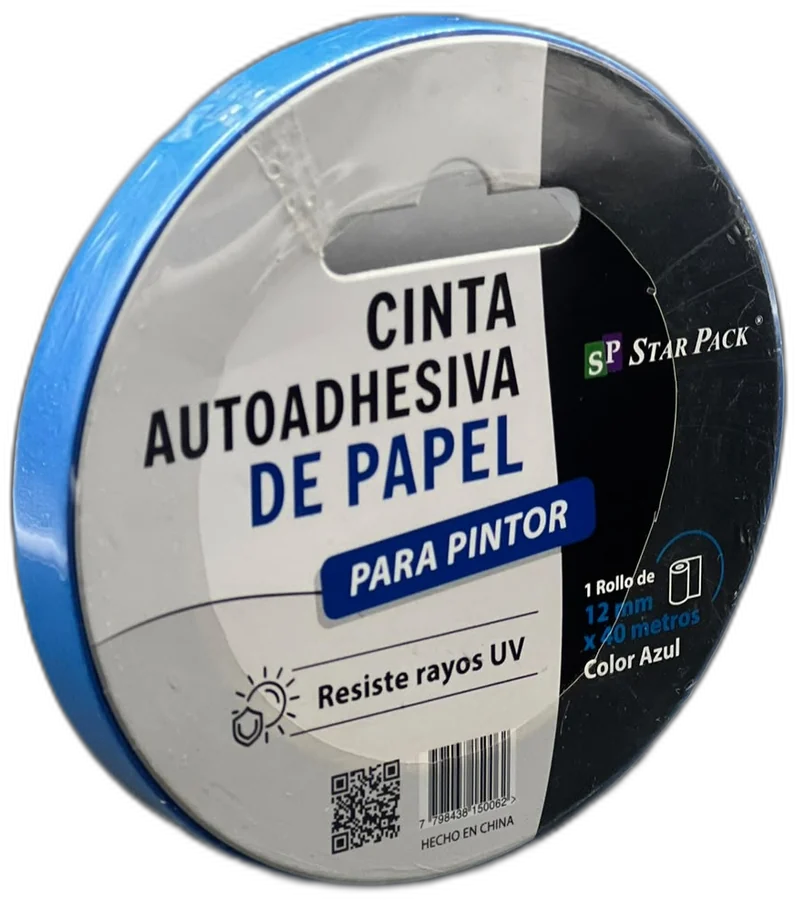 Cinta de papel azul para pintor 12 mm, caja cerrada de 72 rollos